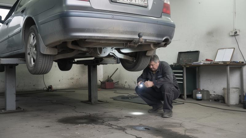 Used sedan raised on a lift during a pre-purchase inspection